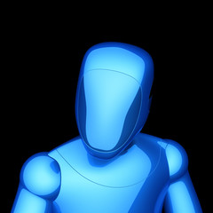 Robot face futuristic portrait blue, artificial cyborg, android, technology character, crush test dummy concept. 3d ilustration, isolated on white background