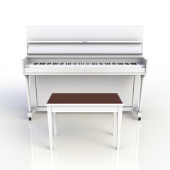 Fototapeta premium Front view of classic musical instrument white piano isolated on white background, Keyboard instrument, 3d rendering