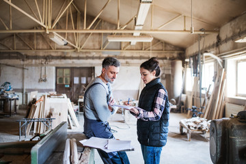 Man and woman workers working in the carpentry workshop.