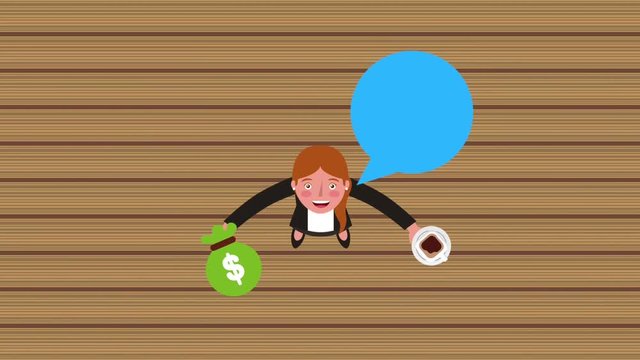 businesswoman with bag money coffee and talking looking up top view