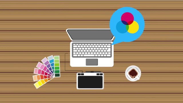 office working process laptop graphic design tablet color palette coffee