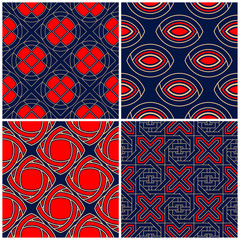 Seamless backgrounds. Blue beige and red classic sets with geometric patterns