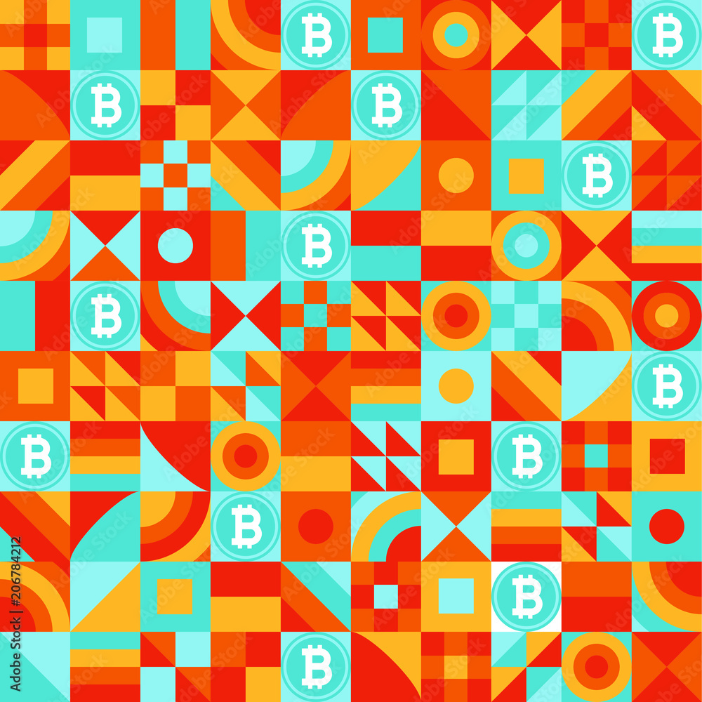 Poster simple shapes geomectric seamless pattern with bitcoin icon sign for background vector illustration.