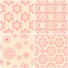 Floral patterns. Set of beige and red seamless backgrounds