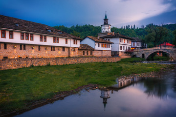 Fototapeta premium Beautiful view of the Clock tower and the old town in the architectural traditional complex in Tryavna, Bulgaria