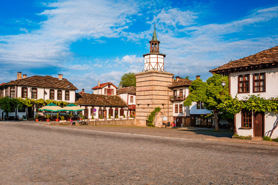 Beautiful view of the Clock tower and the old town in the architectural traditional complex in Tryavna, Bulgaria
