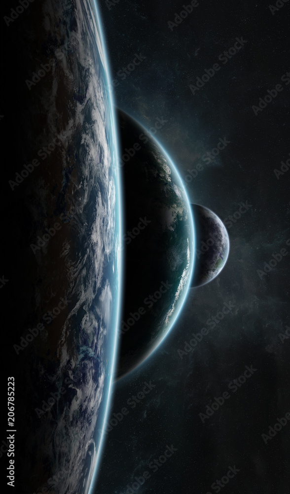 Poster Distant planet system in space with exoplanets 3D rendering elements of this image furnished by NASA