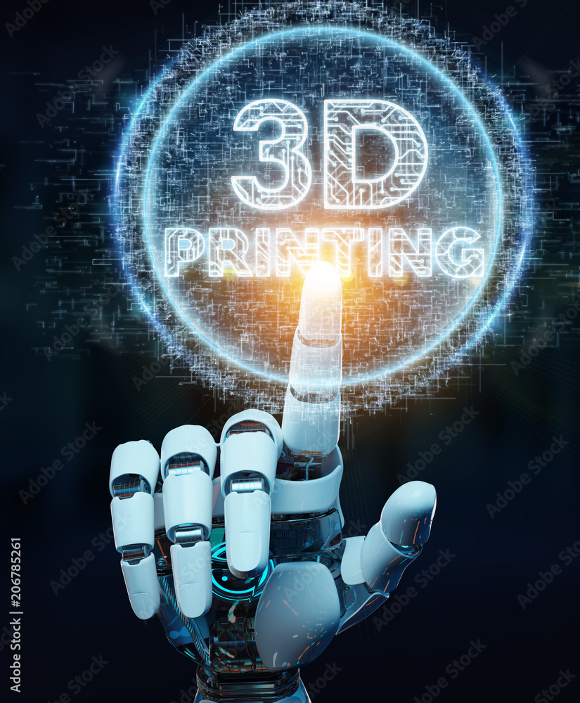 Poster robot white hand using 3d printing digital hologram 3d rendering