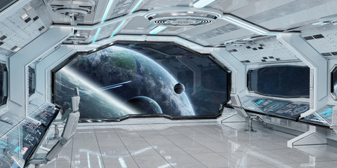 White clean spaceship interior with view on planet Earth 3D rendering © sdecoret
