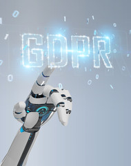 White cyborg hand using digital GDPR interface 3D rendering