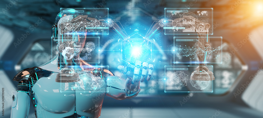 Poster white man robot using robotics arms with digital screen 3d rendering
