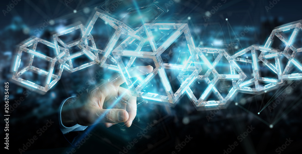 Poster businessman using digital blue blockchain 3d rendering