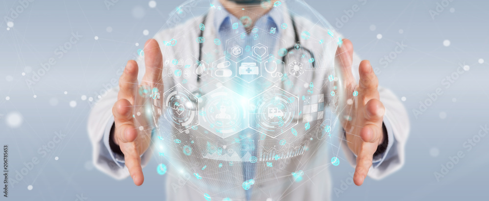 Poster doctor using digital medical futuristic interface 3d rendering