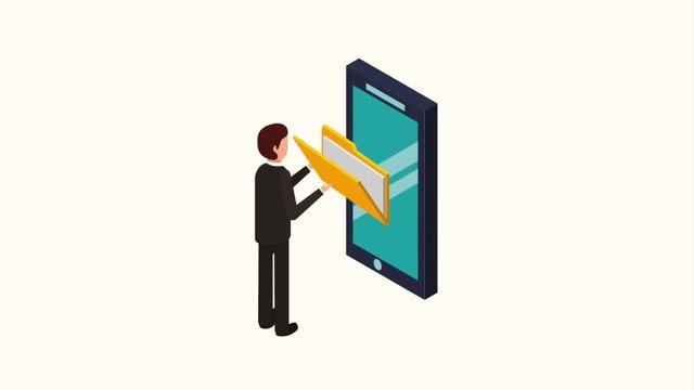 businessman phone folder file data storage isometric animation hd