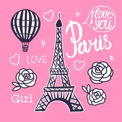 Fototapeta na wymiar Vector Paris card. Eiffel Tower and Balloon hand drawing. Pink design for girls.