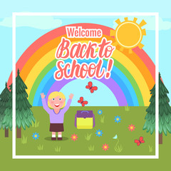 Vector card Welcome Back to school. Cartoon girl outdoors.