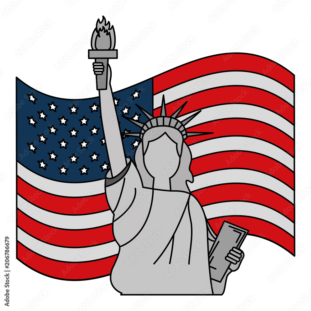 Poster liberty statue with usa flag vector illustration design