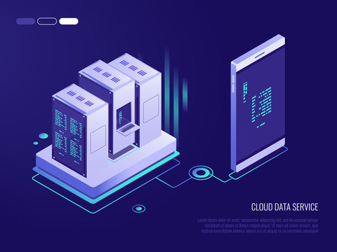 Concept of transferring data from phone to database.Cloud data service. 3d Isometric style