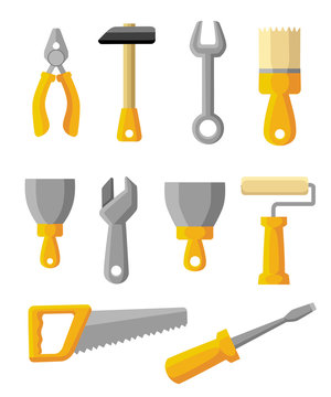 Work tools icons set. Building tools , construction buildings, hammer, screwdriver, saw, file, putty knife, ruler, roller, brush. Flat style design. Vector illustration isolated on white background