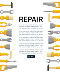 Building tools , construction buildings, hammer, screwdriver, saw, file, putty knife, ruler, roller, brush. Flat style design. Vector illustration on white background. Place for text. Web page design