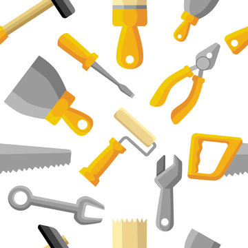 Seamless pattern. Building tools , construction buildings, hammer, screwdriver, saw, file, putty knife, ruler, roller, brush. Flat style design. Vector illustration on white background