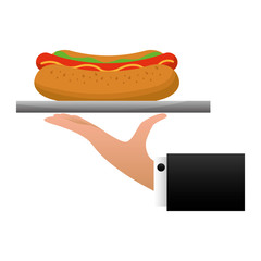 hand waiter lifting tray with hot dog vector illustration design