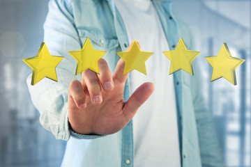 Five yellow stars on a futuristic interface - 3d rendering