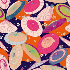 many Japanese traditional umbrellas and cherry blossom pattern. Bright, colored summer, spring Asian traditional print.