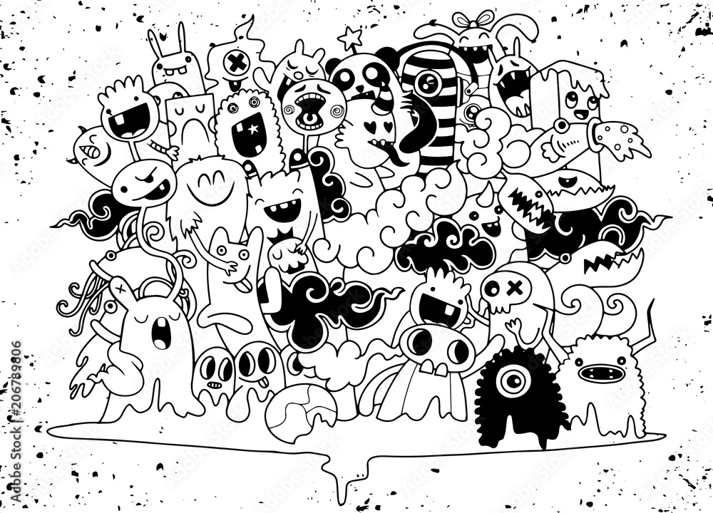 Wall mural Vector illustration of Doodle cute Monster background ,Hand drawing Doodle