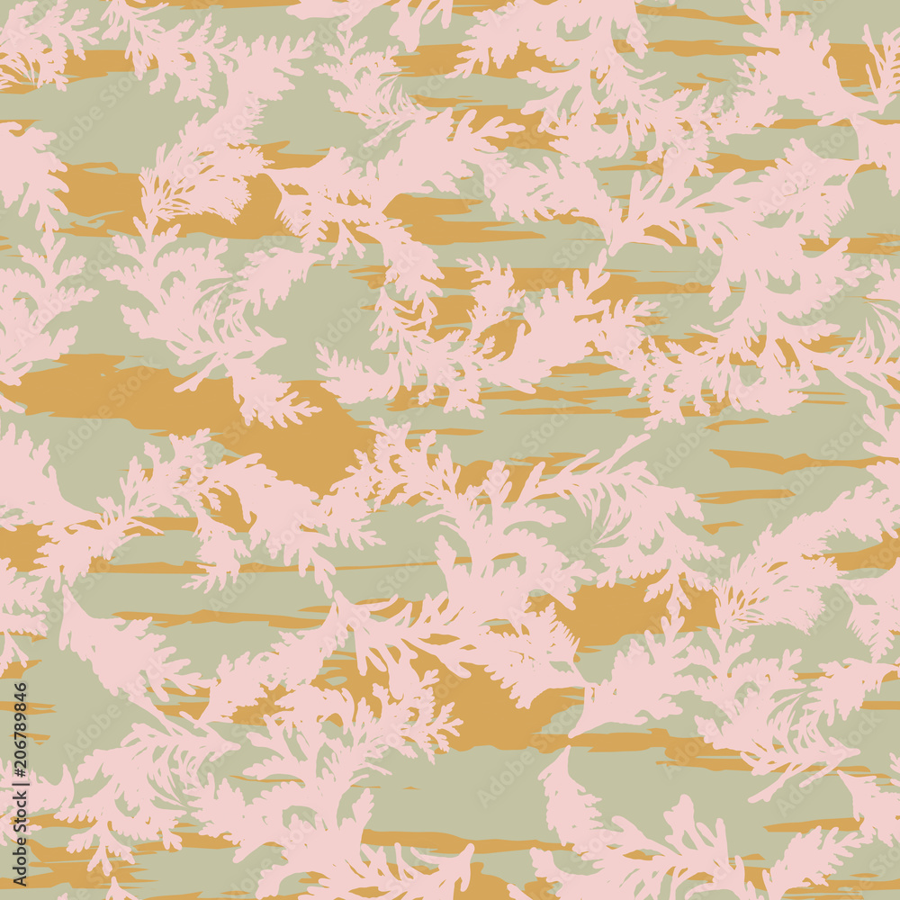 Poster botanical vector seamless pattern with thuja branches and twigs and abstrac brush stokes background.