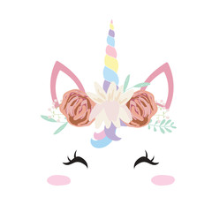 Hand drawn cute card with unicorn head,wreath and flower