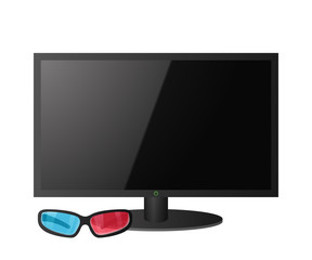 Big screen TV. Blue red 3D glasses. Home theater. Vector illustration.