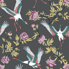 Fototapety  Seamless pattern with Japanese white cranes and peony, embroidered sequins