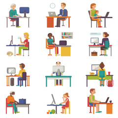 People work place vector business worker or person working on laptop at the table in office coworker or character workplace on computer with illustration isolated on white background