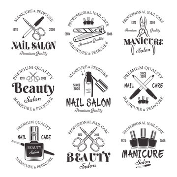 Manicure and pedicure salon vector black emblems