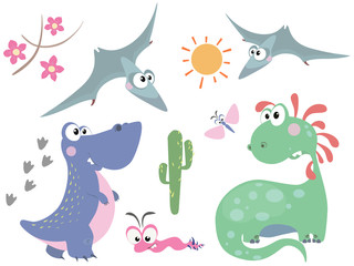 Set of cute dinosaurs in cartoon style. Reptiles of the Jurassic period.