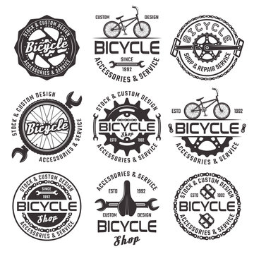 Bicycle shop vector emblems, badges and labels