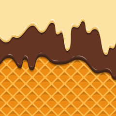 Pattern waffle texture melts frosting ice cream dripping. Glossy streaks chocolate vanilla cream crispy cone. Cartoon picture for web, advertising, banner, business card. Vector illustration.
