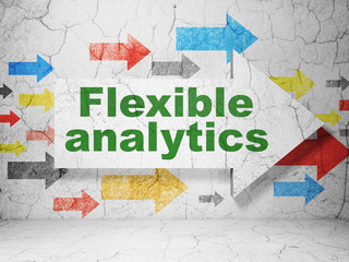 Business concept:  arrow with Flexible Analytics on grunge textured concrete wall background, 3D rendering