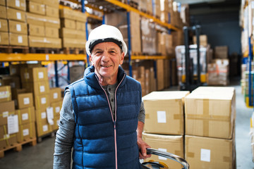 Senior male warehouse worker or a supervisor pulling a pallet truck with boxes.