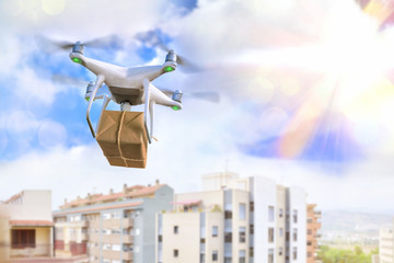 Concept of use of drones for the transport - obrazy, fototapety, plakaty