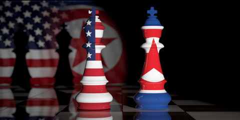 USA and North Korea. US America and North Korea flags on chess kings on a chess board. 3d illustration