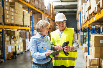 Senior woman manager and man worker working in a warehouse.