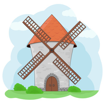 Windmill with green grass and blue sky. Colored doodle