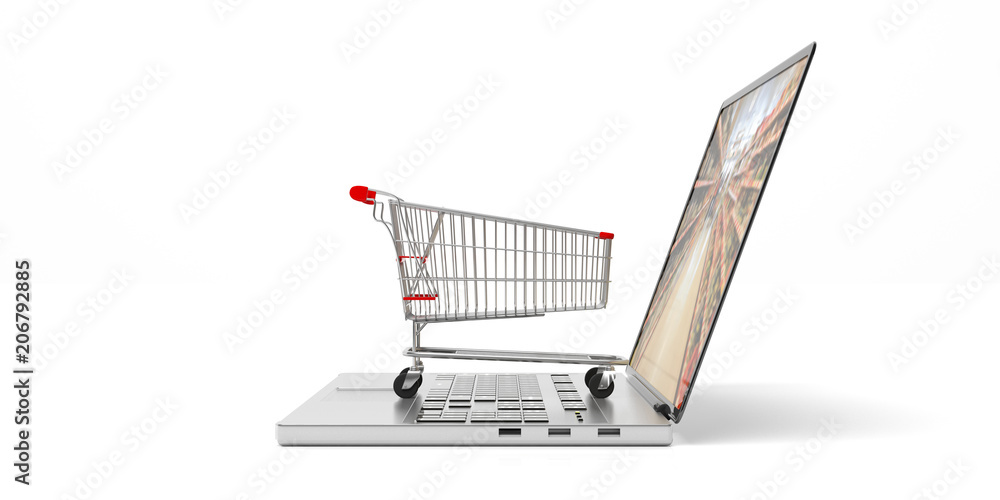 Wall mural shopping cart on a computer laptop, isolated on white background. 3d illustration