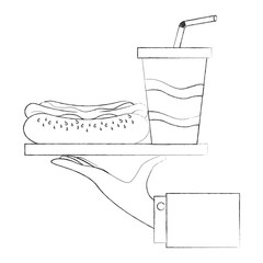 hand waiter lifting tray with hotdog and soda vector illustration design