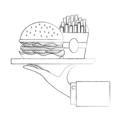 hand lifting tray with delicious hamburger vector illustration design