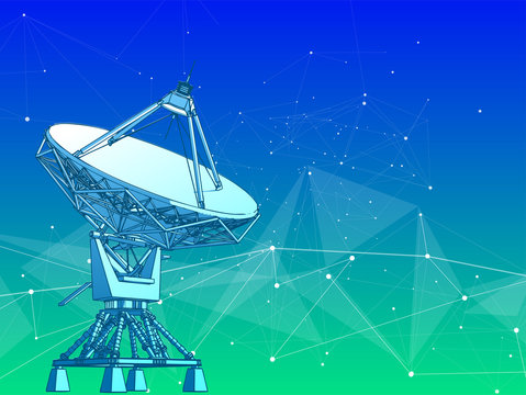 satellite dishes antenna - doppler radar, digital wave, white points, stars, lines, triangles & blue green technology background. Vector illustration / eps10