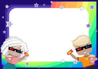 frame with a girl and a boy in 3D glasses, with a ticket to the cinema and popcorn, rainbow, sky and stars in cartoon style (background for children's ads, photo, diploma, certificate, coupon)