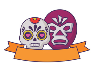 decorative ribbon with sugar skull and wrestler mask over white background, vector illustration